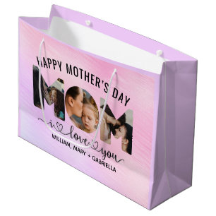 Sacola Para Presentes Grande Eu Amo Você Mamãe Colar Personalizado com 3 Fotos,