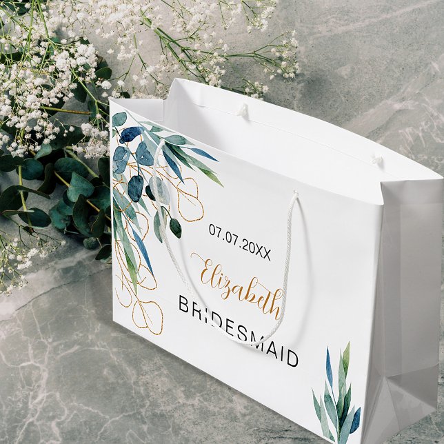 Sacola Para Presentes Grande Eucalyptus greenery gold name bridesmaid (Criador carregado)