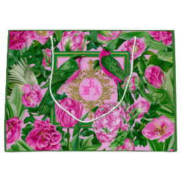 Sacola Para Presentes Grande Exótico Saco de Presente Glam Pink e Verde Monogra