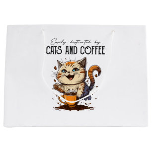 Sacola Para Presentes Grande Facilmente Distraído Por Gatos E Café Amantes De G