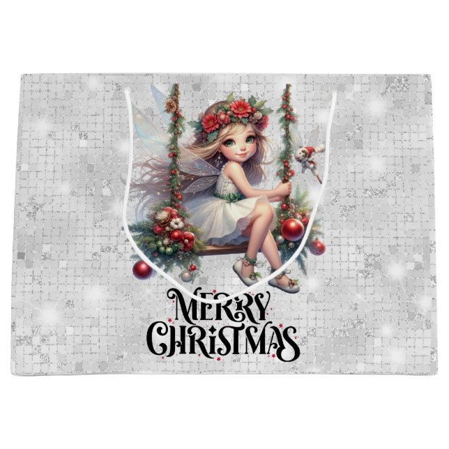 Sacola Para Presentes Grande Fada de Natal de Silver Glitter (Frente)