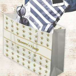 Sacola Para Presentes Grande Falso Ouro FleurDeLis sobre Marfim