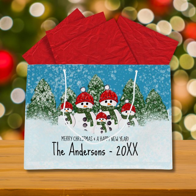 Sacola Para Presentes Grande Família Bonita Snowman de Cinco Natal (Criador carregado)