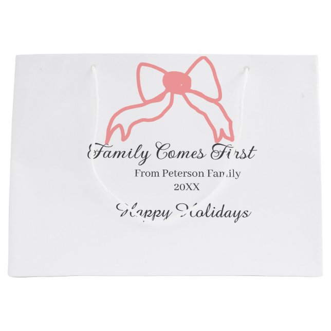 Sacola Para Presentes Grande Family comes first red bow family name holidays (Frente)