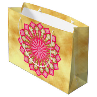 Sacola Para Presentes Grande Fantasia de Mandala em Ouro Rosa sobre Fundo Doura