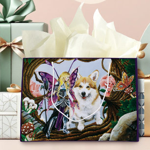 Sacola Para Presentes Grande Fantasia Fada Guerreira Corgi Floresta Mágica