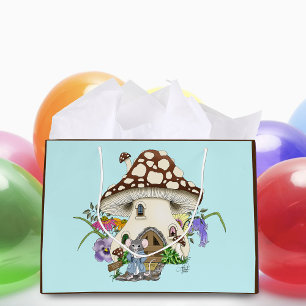 Sacola Para Presentes Grande Fantasioso Rato Casa Cogumelo Floral Azul