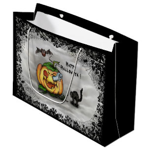 Sacola Para Presentes Grande Fantasma, Gato, Bat e Pumpkin, Feliz Halloween!