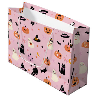 Sacola Para Presentes Grande Fantasmas Gatos e Abóboras Cor-de-Rosa de Hallowee