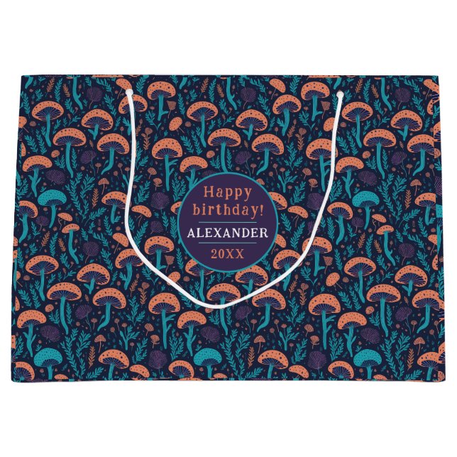 Sacola Para Presentes Grande Fantasy Whimsical Woodland Purple Mushroom Pattern (Frente)