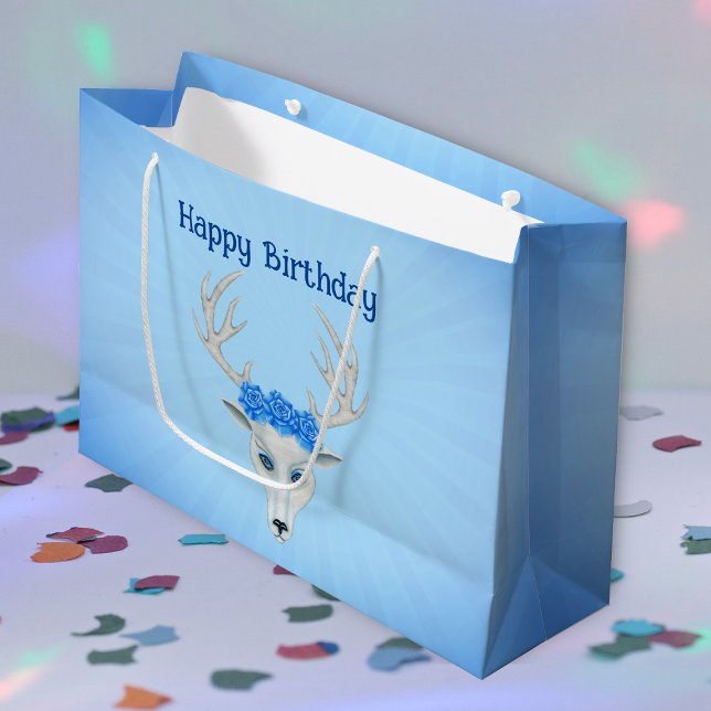 Sacola Para Presentes Grande Fantasy White Deer Head Antlers Rosas Aniversário (white fantasy deer head big antlers blue roses and eyes on light blue Happy Birthday gift bag.)