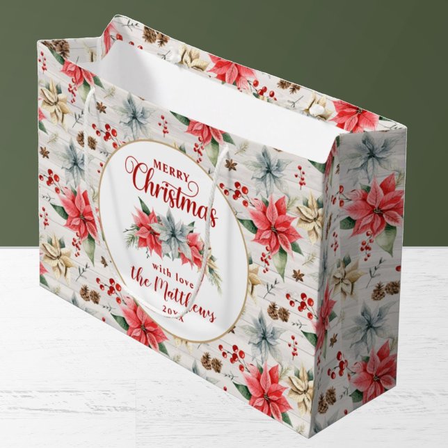 Sacola Para Presentes Grande Farmhouse Poinsettia Rustic Felice Christmas Wood (Criador carregado)