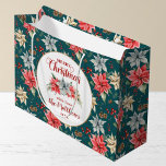 Sacola Para Presentes Grande Farmhouse Poinsettia Rustic Merry Christmas<br><div class="desc">From the Farmhouse Poinsettia Christmas & Holiday Collection: Farmhouse Poinsettia Rustic Christmas Gift Bags, with Beautiful Calligraphy Script Typography Merry Christmas, and Personalized To & From Name. Easily customize text for this pretty Christmas Bag Template. In 4 different colorway options, this option features a teal green background color, and pretty...</div>