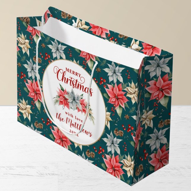 Sacola Para Presentes Grande Farmhouse Poinsettia Rustic Merry Christmas (Criador carregado)