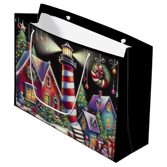 Sacola Para Presentes Grande Farol de Natal Whimsical Vermelho Rosa Púrpura (Frente inclinada)