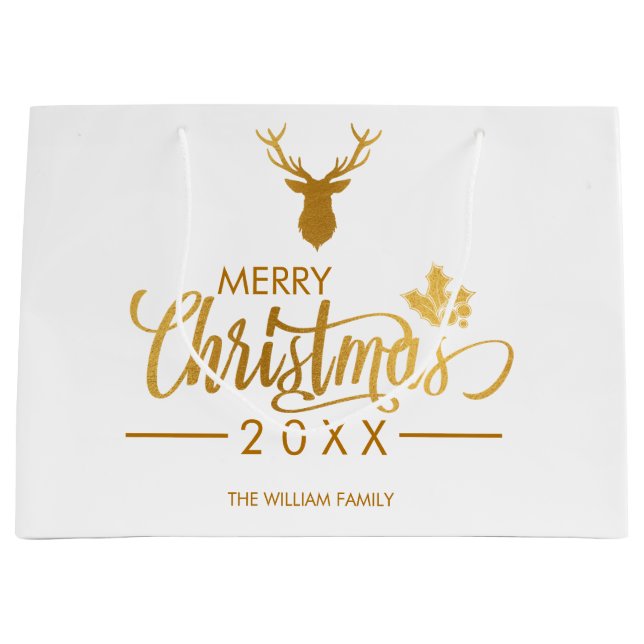 Sacola Para Presentes Grande Faux Gold Foil Deer Feliz Natal Personalizado (Frente)