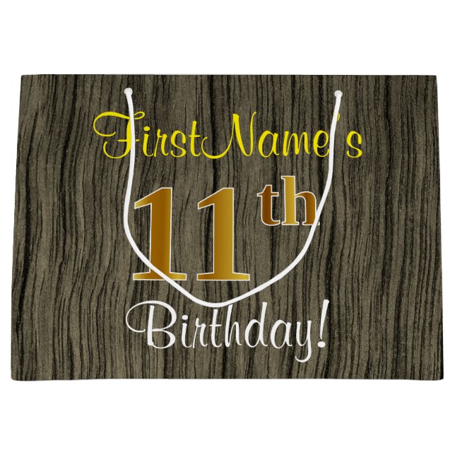 Sacola Para Presentes Grande Faux Wood Look, Faux Dourada 11 Birthday + Nome (Frente)