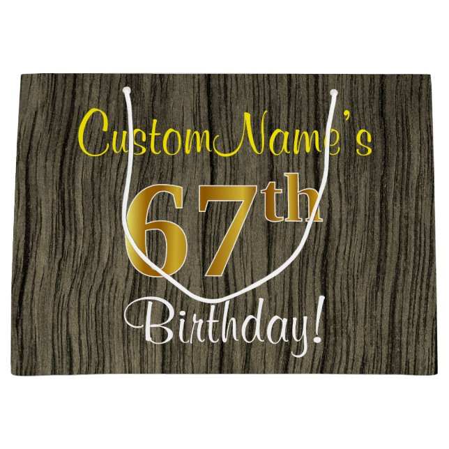 Sacola Para Presentes Grande Faux Wood Look, Faux Dourado 67º Aniversário + Nom (Frente)