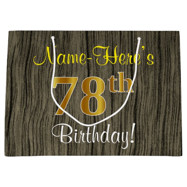 Sacola Para Presentes Grande Faux Wood Look, Faux Dourado 78º Aniversário + Nom (Frente)