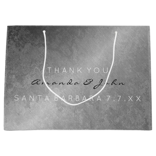 Sacola Para Presentes Grande Favor De Casamento Obrigado Cinza Prateado Grungy (Frente)