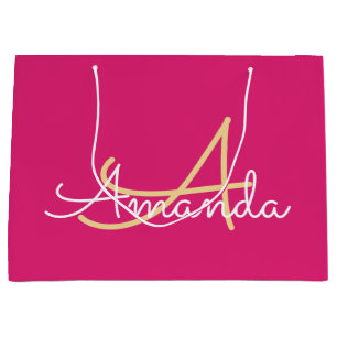 Sacola Para Presentes Grande Favor do Chá de panela do Nome do Monograma Rosa M