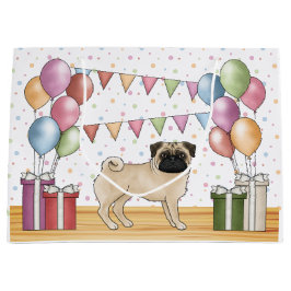 Sacola Para Presentes Grande Fawn Pug Dog Balões de Aniversário Coloridos de Pa