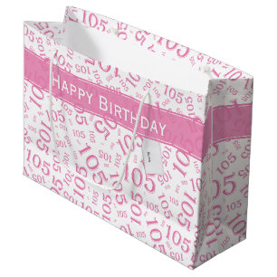 Sacola Para Presentes Grande Feliz 105º Aniversário, Rosa e Padrão Branco