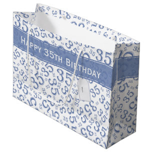 Sacola Para Presentes Grande Feliz 35º aniversário Número Padrão Azul/Branco
