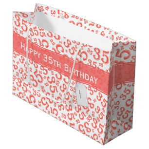 Sacola Para Presentes Grande Feliz 35º aniversário Número Padrão Coral/Branco