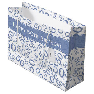 Sacola Para Presentes Grande Feliz 50º aniversário Padrão Azul/Branco