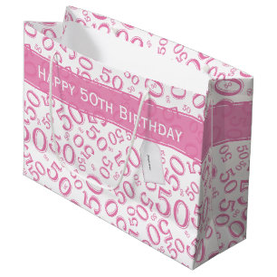 Sacola Para Presentes Grande Feliz 50º aniversário Padrão Rosa/Branco
