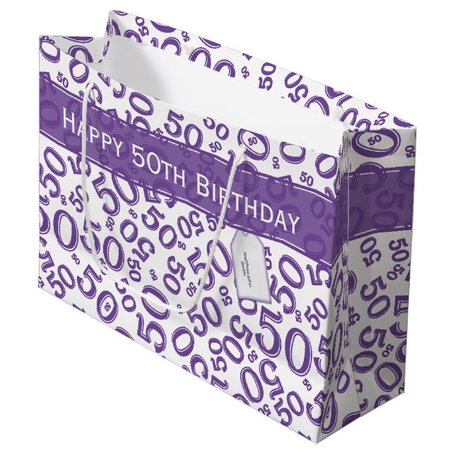 Sacola Para Presentes Grande Feliz 50º aniversário Padrão Roxo/Branco (Frente inclinada)