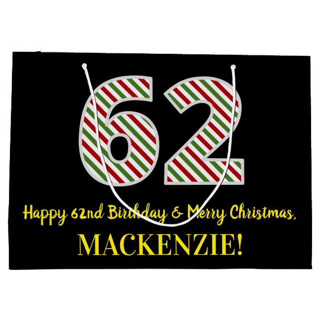 Sacola Para Presentes Grande Feliz 62º Aniversário e Feliz Natal, Nome Personal (Verso)