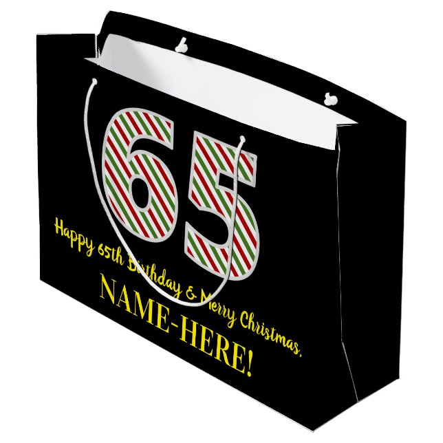 Sacola Para Presentes Grande Feliz 65º aniversário e Feliz Natal, Nome Personal (Verso inclinado)