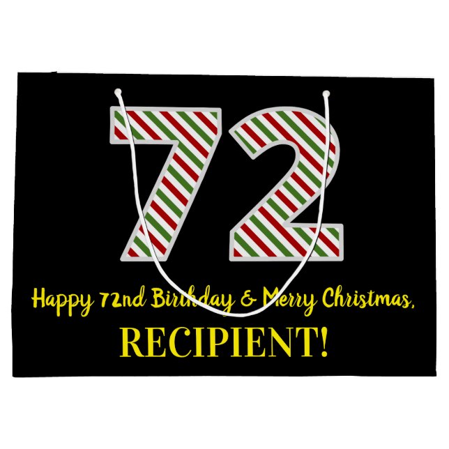 Sacola Para Presentes Grande Feliz 72º Aniversário e Feliz Natal, Nome Personal (Verso)