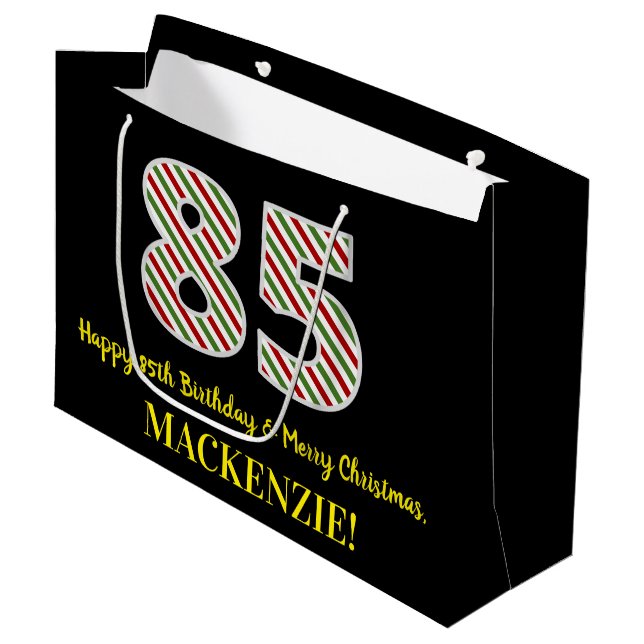 Sacola Para Presentes Grande Feliz 85º aniversário e feliz Natal, nome personal (Frente inclinada)