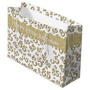 Sacola Para Presentes Grande Feliz 85.º aniversário, Dourado, e padrão branco