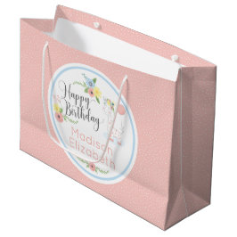 Sacola Para Presentes Grande Feliz Aniversário Bebê Girafa Floral Calf Personal