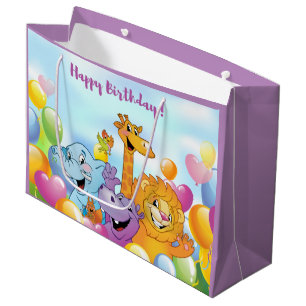 Sacola Para Presentes Grande Feliz aniversário Cartoon Animal e Balões Roxo