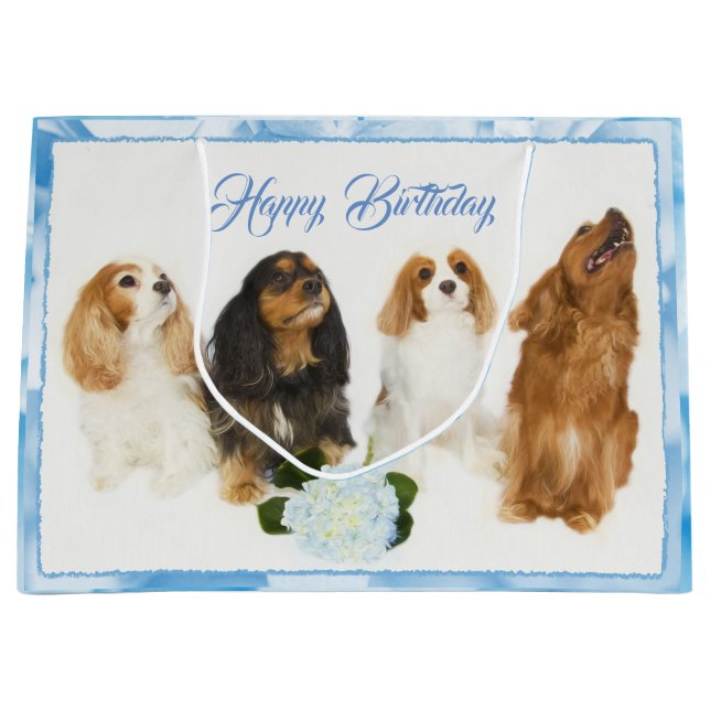 Sacola Para Presentes Grande Feliz Aniversário Cavalier King Charles Spaniels (Frente)