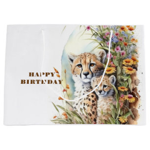 Sacola Para Presentes Grande Feliz aniversário Cheetah Baby e mamãe