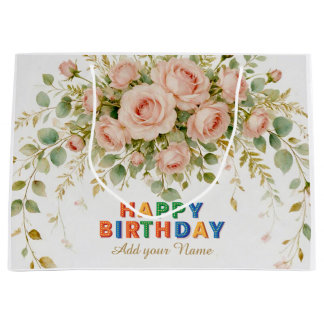 Sacola Para Presentes Grande "Feliz Aniversário" Colorido Elegante Floral Rosa