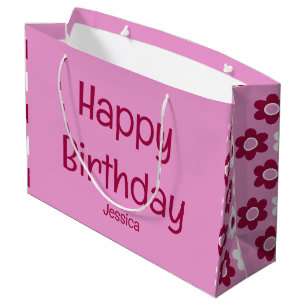 Sacola Para Presentes Grande Feliz Aniversário com Nome Floral Rosa