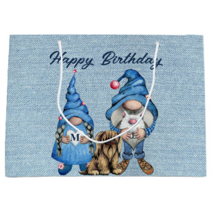 Sacola Para Presentes Grande Feliz Aniversário com os Gnomos de Denim