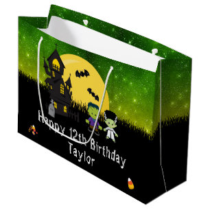 Sacola Para Presentes Grande Feliz Aniversário das Halloween Monstros Dark Gree