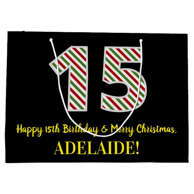 Sacola Para Presentes Grande Feliz aniversário de 15 e feliz Natal, nome person (Verso)