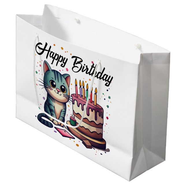 Sacola Para Presentes Grande Feliz Aniversário de Gato Gato (Frente inclinada)