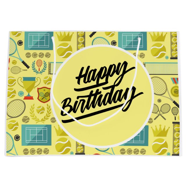 Sacola Para Presentes Grande Feliz aniversário de tênis com bola e amarelo raqu