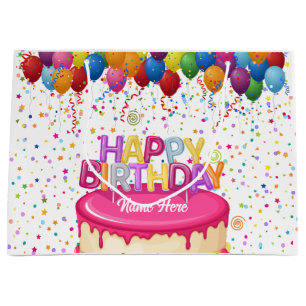 Sacola Para Presentes Grande Feliz aniversário do Balão de Bolo e Confetti