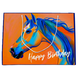 Sacola Para Presentes Grande Feliz Aniversário do Cavalo de Abstrato Azul e Lar
